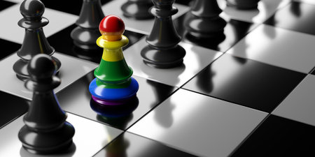 Rainbow color Chess pawn among black pawns on chessboard, Inclusion diversity and stand out concept. 3d renderの写真素材