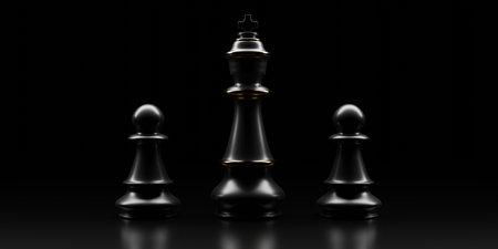 Black Chess pieces. Chess king and two pawns on black background. 3d renderの写真素材