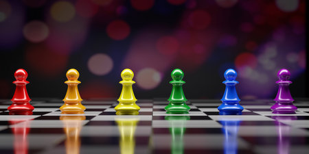 Rainbow color Chess pieces. Colorful chess pawns in a row on chessboard. 3d renderの写真素材