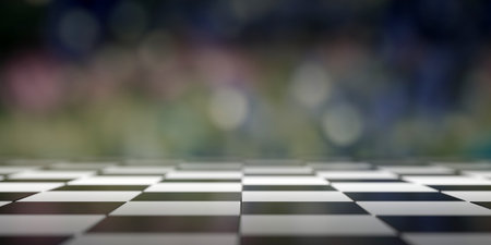 Chessboard empty black and white tiled floor, blur background, Chess game template. 3d render