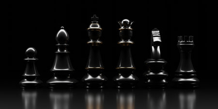Black Chess pieces. Chess king, queen, horse, bishop, rook and pawn in a row on black background. 3d renderの写真素材