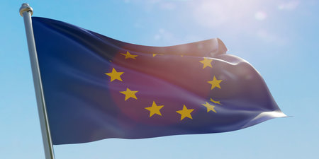 EU European Union flag waving on blue sky background, sunny day. 3d render