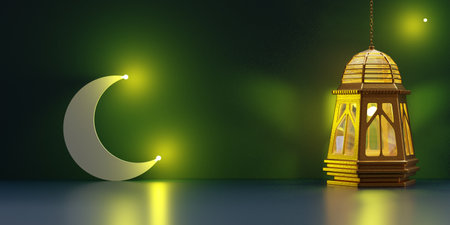 Eid al Adha celebration. Arabic Ramadan Lantern illuminated. Islamic lamp with candle. 3d render