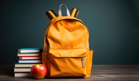 Back to school. Student backpack books and supplies on a desk, class chalkboard backgroundの素材