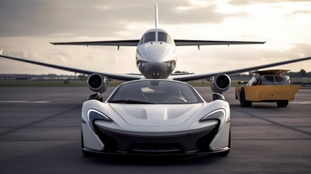 Business class transfer service at the airport. Private executive airplane and luxury car, Airport shuttle.の素材