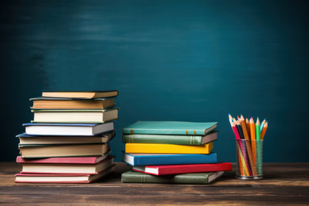 Back to school. Books, colored pencils and supplies on a desk, class chalkboard backgroundの素材