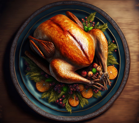 Thanksgiving dinner. Roasted turkey served on the table, closeup viewの素材