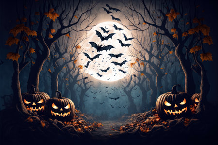 Halloween pumpkins jack o lanterns in the forest, fullmoon scary night background.の素材