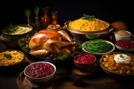 Thanksgiving dinner table. Roasted turkey with vegetables and traditional sides closeupの素材