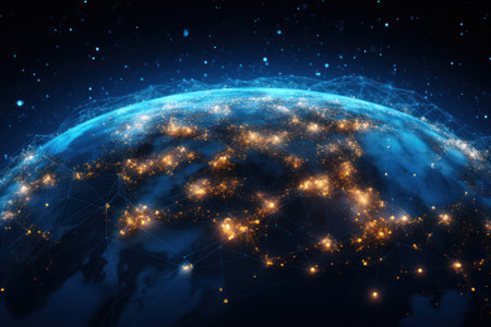 Earth view from space with abstract network grid and particlesの素材