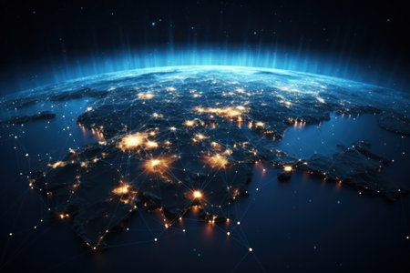 Earth view from space with abstract network grid and particlesの素材