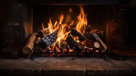 Fire in fireplace, burning wood, flames on logs closeupの素材
