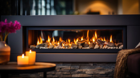 Fireplace with burning wood logs, bright flamesの素材