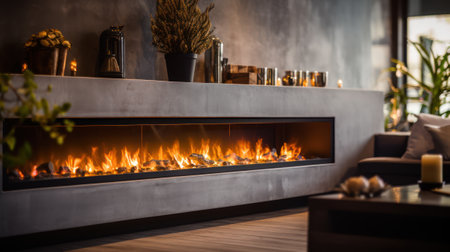 Fireplace with burning wood logs, bright flamesの素材