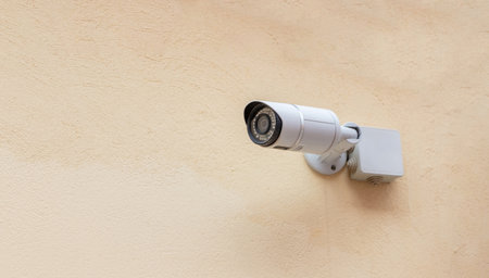 Security Camera CCTV system on beige empty wall background. Modern technology, life and estate...