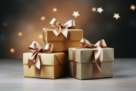 Christmas presents stack, gift boxes with ribbon bow isolated on backgroundの素材