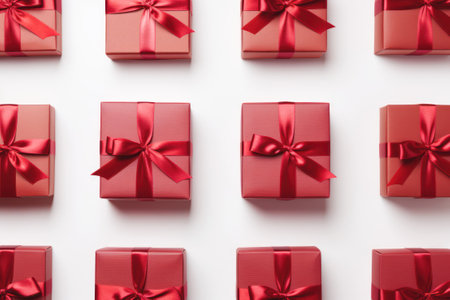 Red gift boxes with ribbon bows on white background, top view. Christmas presents flat layの素材