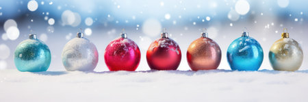 Christmas baubles decoration, Christmas balls on snow banner, bokeh lights backgroundの素材