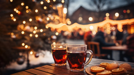 Two glasses of mulled wine on the table, blur Christmas market bokeh lights backgroundの素材