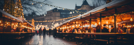 Christmas market bokeh lights background, Winter season holiday celebrationの素材