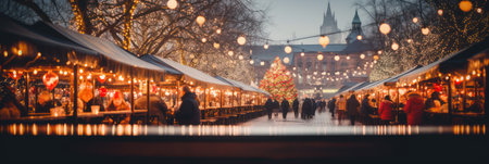 Christmas market bokeh lights background, Winter season holiday celebrationの素材