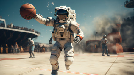 Astronauts engaging in a zero-gravity basketball gameの素材
