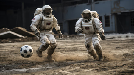 Astronauts competing in a cosmic football matchの素材