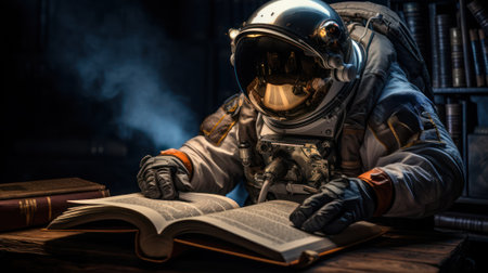 Astronaut engrossed in reading a book in spaceの素材