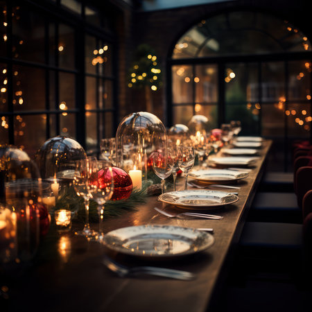 Christmas table decoration closeup, Xmas ball and festive holiday place settingの素材