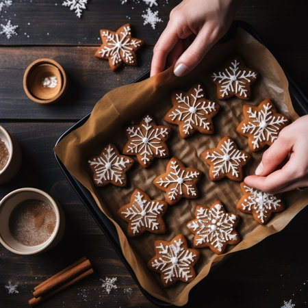 Christmas gingerbread cookies preparation on wooden table, closeup view, Xmas decorationの素材