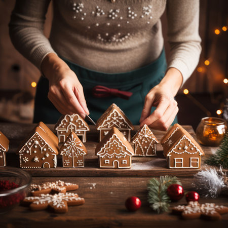 Christmas gingerbread cookies preparation on wooden table, closeup view, Xmas decorationの素材