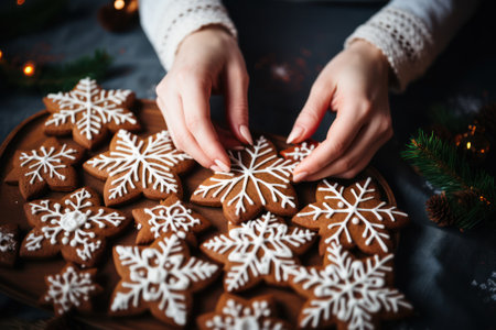 Christmas gingerbread cookies preparation on wooden table, closeup view, Xmas decorationの素材