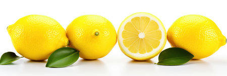 Lemons and leaves in a row isolated on white, Yellow ripe citrus fruits cut and whole banner,の素材