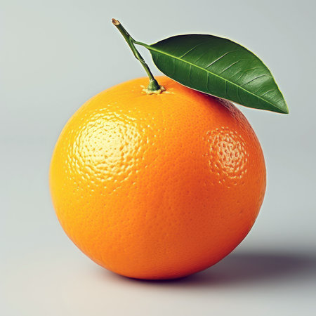 Ripe orange and green leaf on gray background, citrus fruits closeupの素材