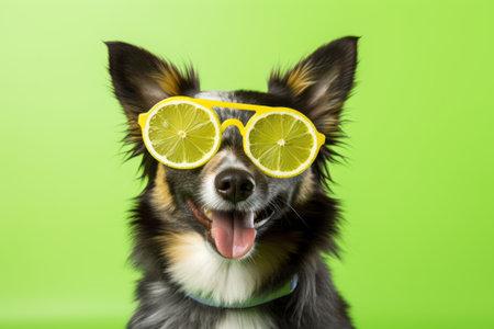 Dog wearing citrus fruits slices eyeglasses, orange juice, lemonade, refreshment drinksの素材