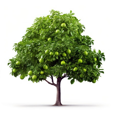 Citrus tree isolated on white background, Unripe orange fruits and green foliageの素材