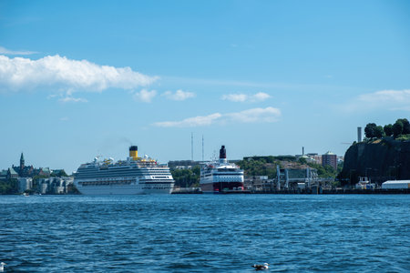 Stockholm Sweden Port, cruise ships moored in the harbor, blue sky background. Travel to Swedenの写真素材