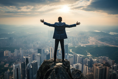Businessman in a suit standing triumphantly a top the worldの素材