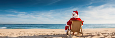 Christmas Santa Claus relaxing on sandy beach. Summer Xmas vacationsの素材