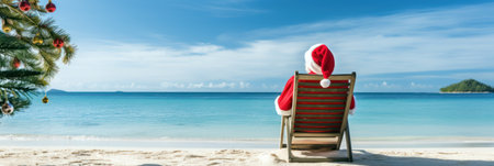 Christmas Santa Claus relaxing on sandy beach. Summer Xmas vacationsの素材