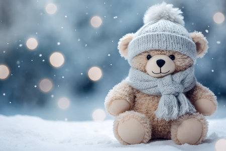 Christmas teddy bear wearing blue hat and scarf in Winter cold, snowing backgroundの素材