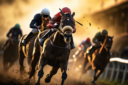 Intense horse racing at golden hour on trackの素材