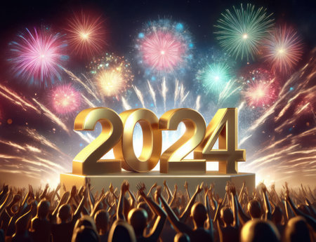 New year 2024 with vibrant fireworks displayの素材