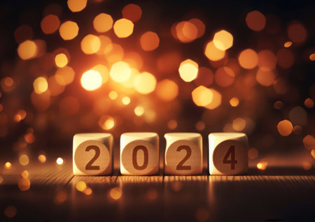 Wooden block cubes displaying the number 2024 with a bokeh light background,  for New Year's Eveの素材