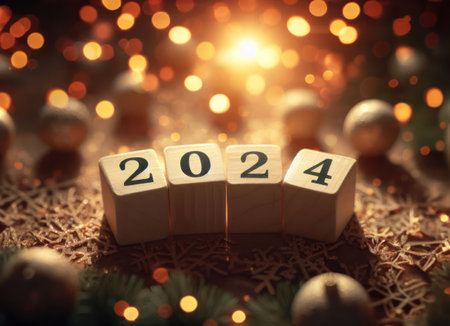 Wooden block cubes displaying the number 2024 with a bokeh light background,  for New Year's Eveの素材