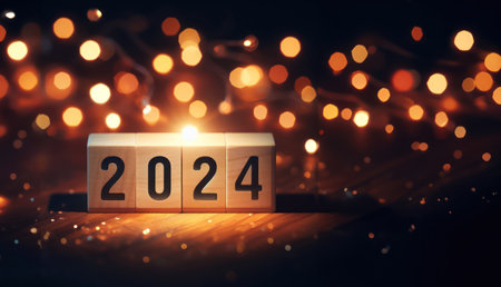 Wooden block cubes displaying the number 2024 with a bokeh light background,  for New Year's Eveの素材