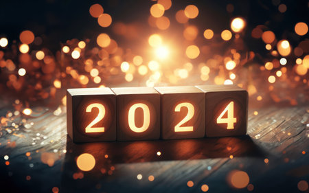Wooden block cubes displaying the number 2024 with a bokeh light background,  for New Year's Eveの素材