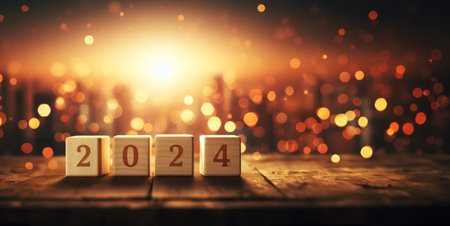Wooden block cubes displaying the number 2024 with a bokeh light background,  for New Year's Eveの素材