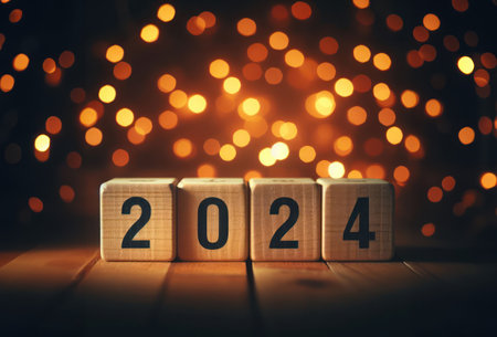 Wooden block cubes displaying the number 2024 with a bokeh light background,  for New Year's Eveの素材