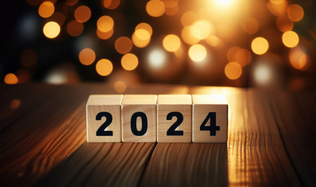 Wooden block cubes displaying the number 2024 with a bokeh light background,  for New Year's Eveの素材